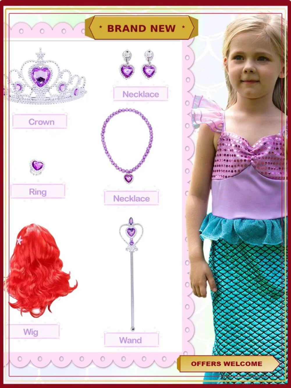 Girls Mermaid Princess Costume Dress Up with Red Wig Cosplay